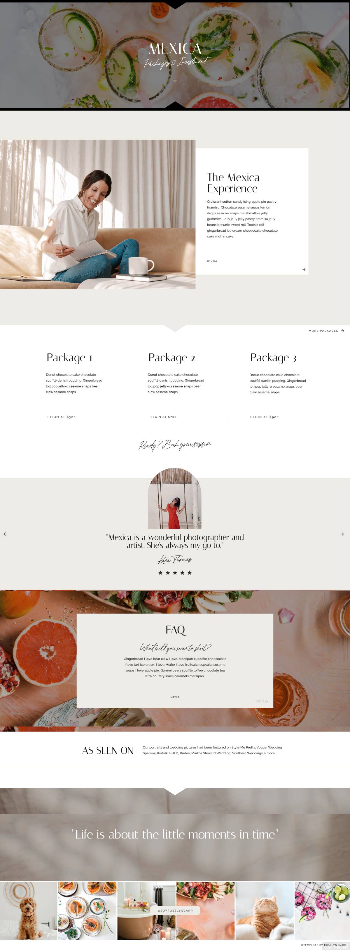 Mexica Pricing Page Template for Showit: Elegant, minimalist layout showcasing packages, investment details, FAQ, client testimonial, and featured press logos. Perfect for photographers and creatives.