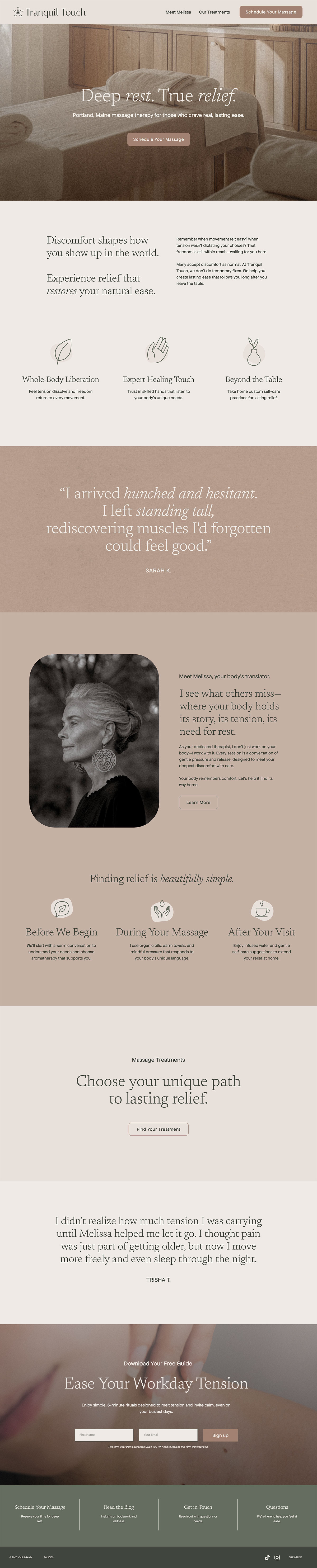 Tranquil Touch Showit website template homepage for massage therapists, featuring a clean, calming layout with soft colors, spacious design, and welcoming imagery.