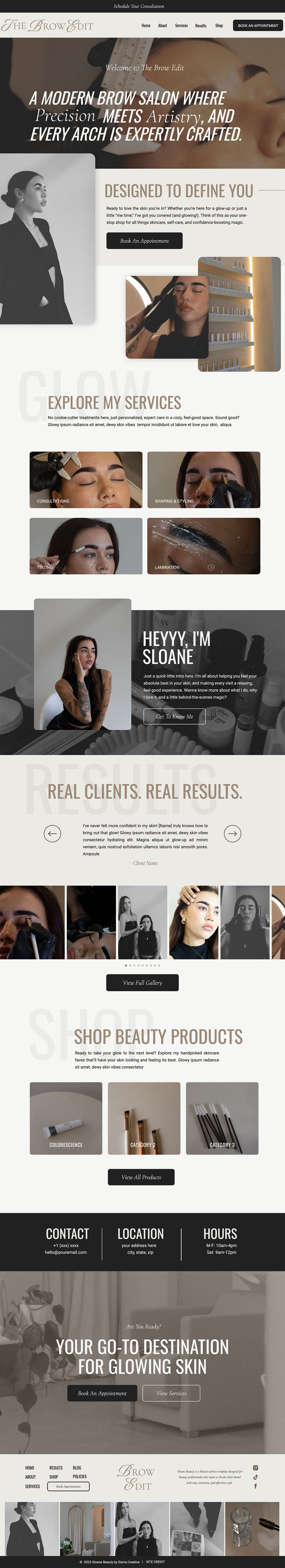 Homepage of the Sloane Beauty Showit template featuring a modern, high-end design for beauty professionals, with soft neutral tones, elegant typography, and strategic service highlights.