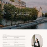 Screenshot of a website page template showing an image of a riverside cityscape at sunset with historic buildings, above a contact form and a portrait of a person in a black coat and hat.