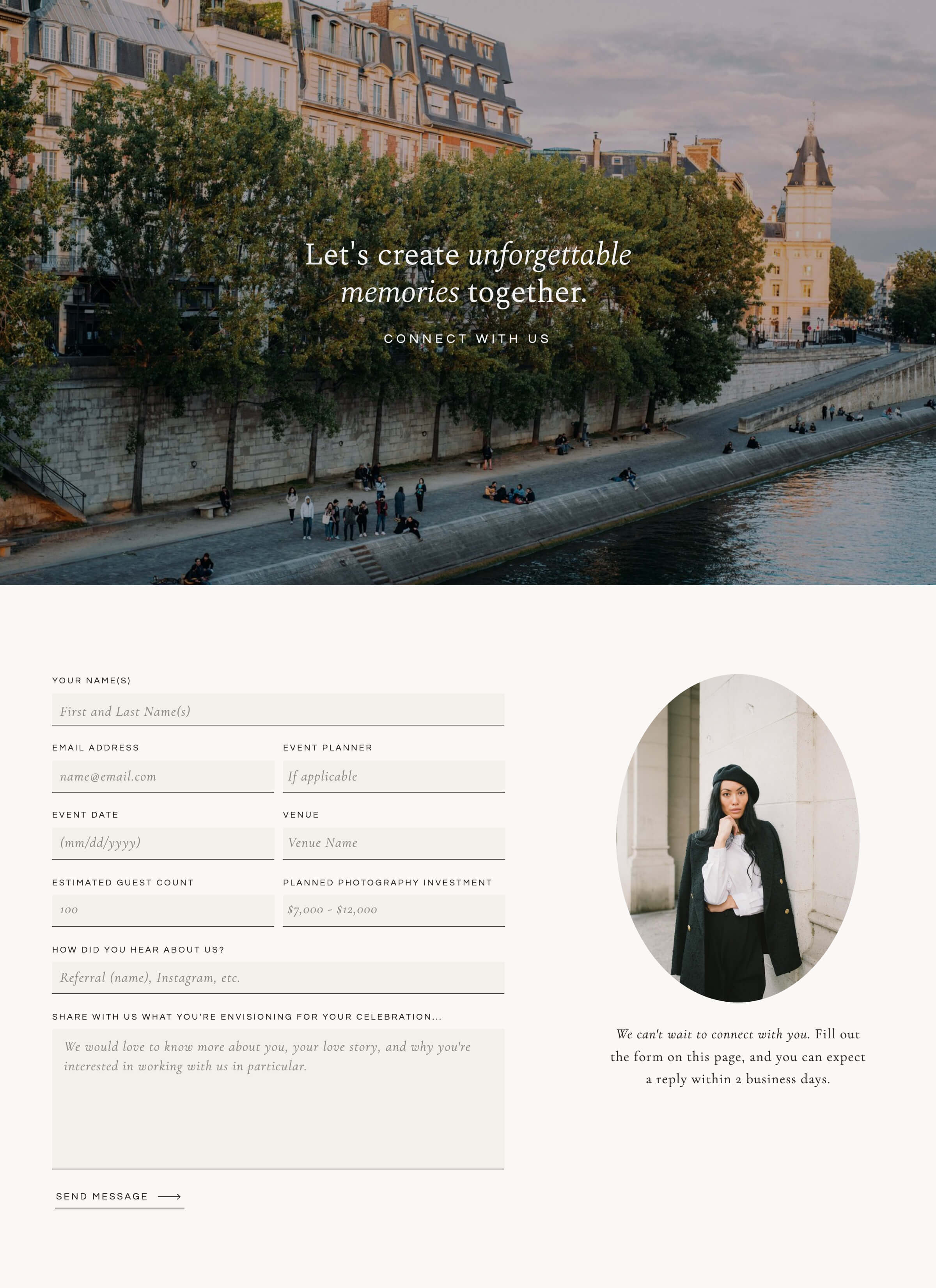 Screenshot of a website page template showing an image of a riverside cityscape at sunset with historic buildings, above a contact form and a portrait of a person in a black coat and hat.