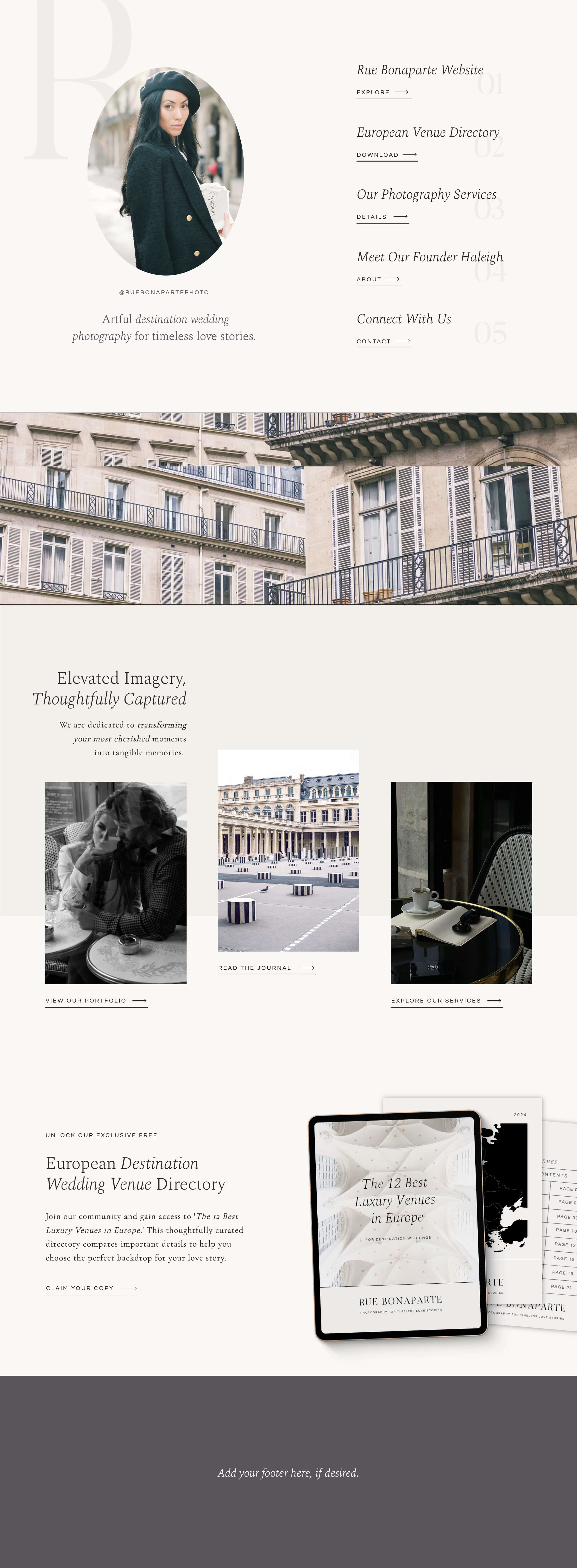 A website landing page template for social media links, featuring elegant fonts, Parisian stock photography, and a section promoting a an email list opt-in section.