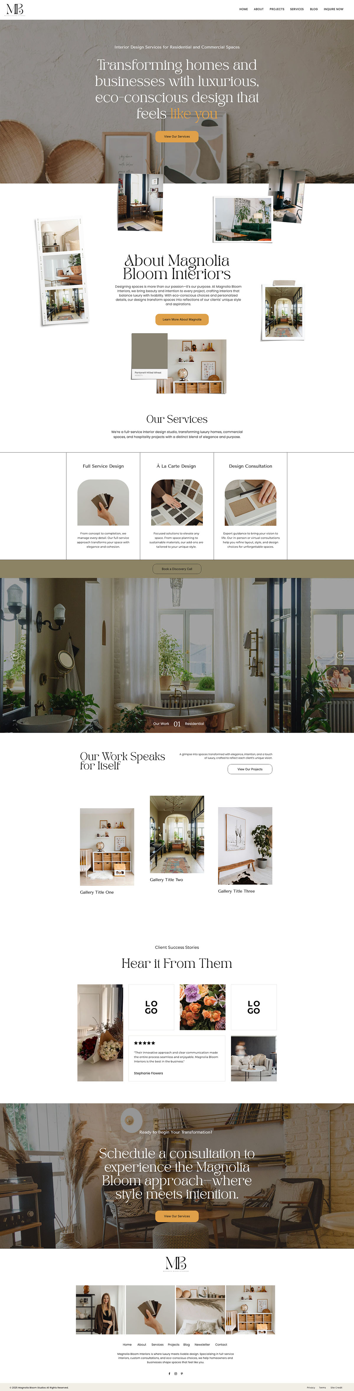 Homepage of the website template for Interior Designs Magnolia Interiors. Template created by Dainty Creative Co.