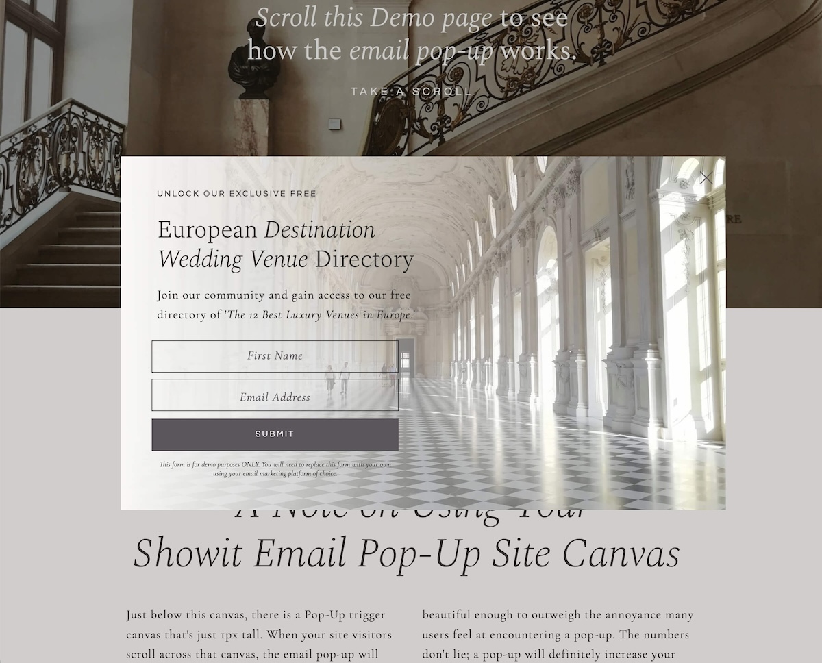 A website template for email marketing, featuring elegant fonts, and a beautiful, compelling email signup pop-up form.