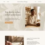 Homepage of the Hart & Haven Therapy website template featuring a warm, inviting hero section with a therapist portrait, grounded typography, soft neutral textures, and an elegant three-step process layout designed for private practice therapists.