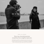 Screenshot of a website template showing images of couples and beautiful destinations in Paris. The text describes the photography services and portfolio of the fictitious Rue Bonaparte Photography