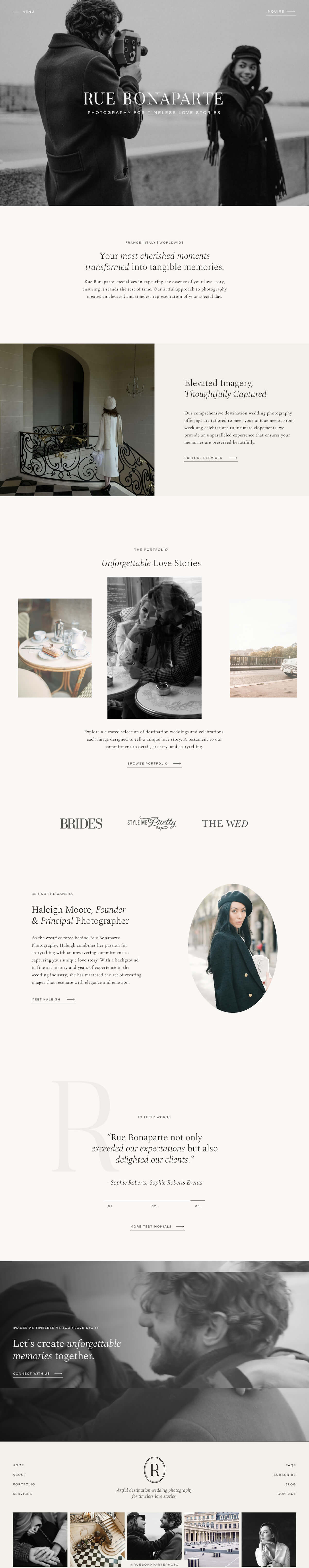 Screenshot of a website template showing images of couples and beautiful destinations in Paris. The text describes the photography services and portfolio of the fictitious Rue Bonaparte Photography