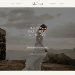 Alora Showit website template desktop homepage — elegant wedding planner website design with black and cream color palette, serif typography, and full-bleed bridal photography.