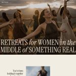 Wild Passage Showit website template — a retreat website for women's wellness and ceremonial retreat hosts. Features a full-bleed hero with women dancing in golden light, large Instrument Serif headlines, an olive green pull quote section, three destination retreat cards, split-screen experience pillars with nature photography, a testimonials row, a host introduction section with warm linen tones, and a final dark CTA canvas. Designed for retreat hosts offering land-based, somatic, and ceremonial experiences for women.