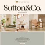 Sutton interior design website template homepage featuring warm, neutral residential interiors, project imagery, services and portfolio sections.
