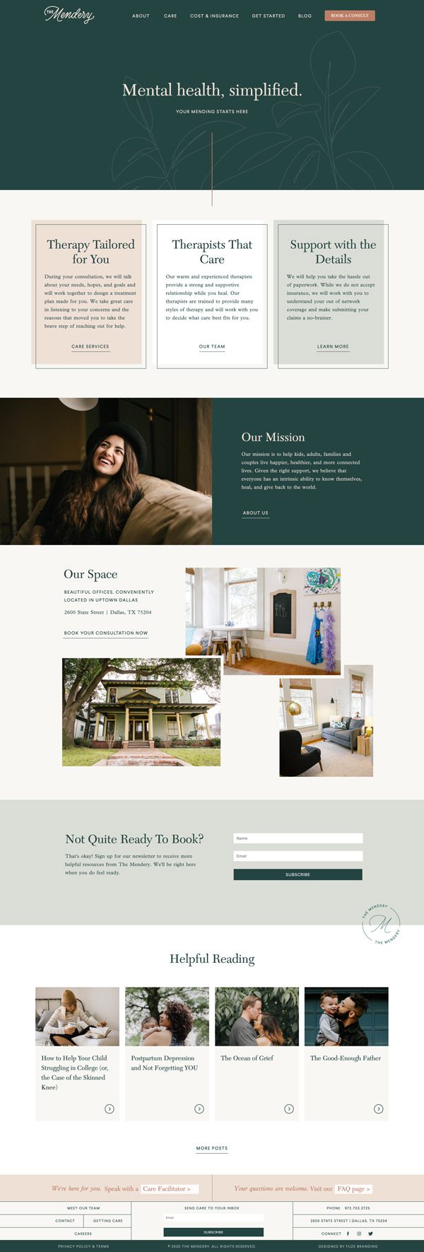 Home page for a tailored therapy clinic in Dallas Texas