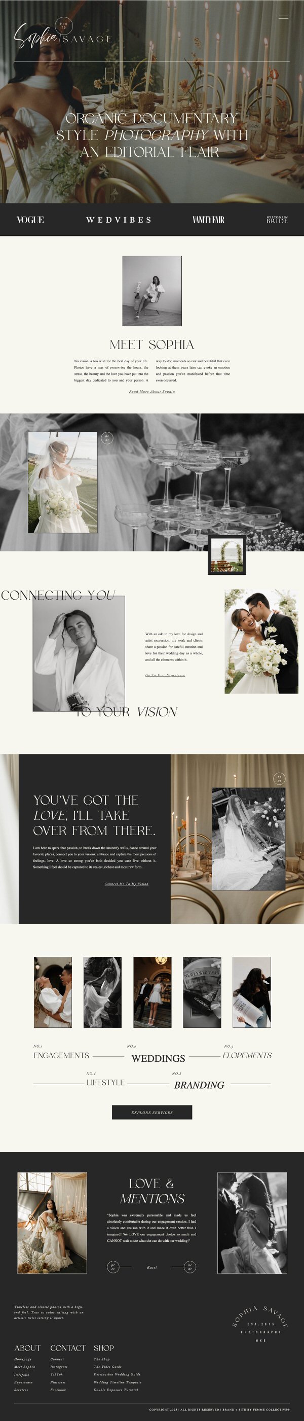 Screenshot of homepage design for wedding photographer Sophia Savage by Femme Collective®
