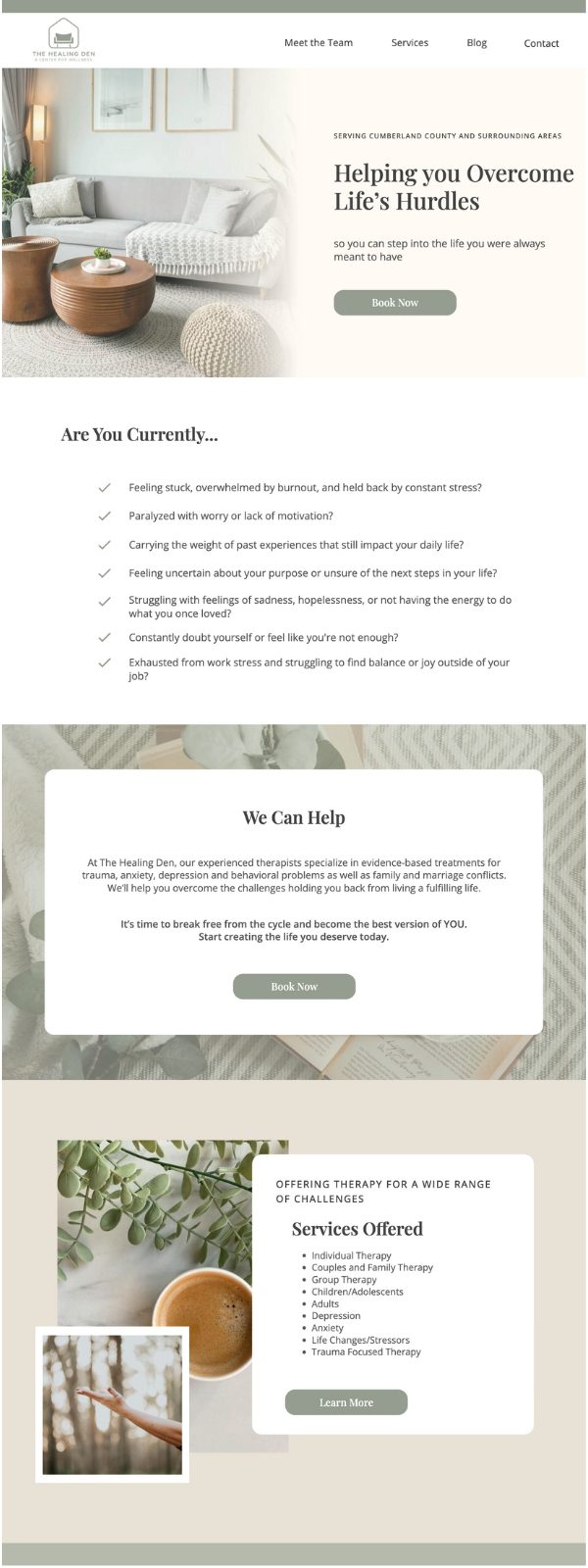 Home Page Screenshot of The Healing Den website by The Creative Impact. Sage and cream color scheme with images of couch with pillows in therapist office