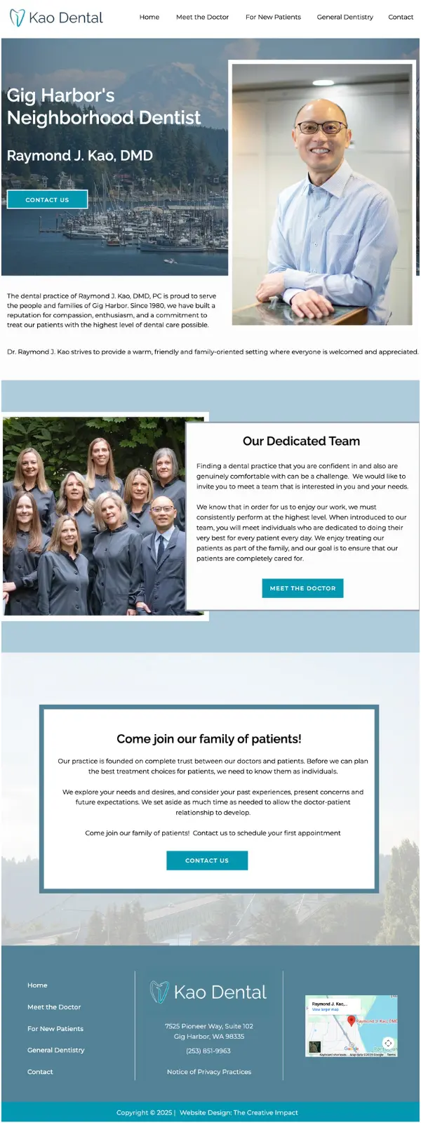 Home Page Screenshot of Kao Dental website by The Creative Impact. Blue and teal color scheme with images of dentist Raymond Kao, staff and water and boat images of Gig Harbor